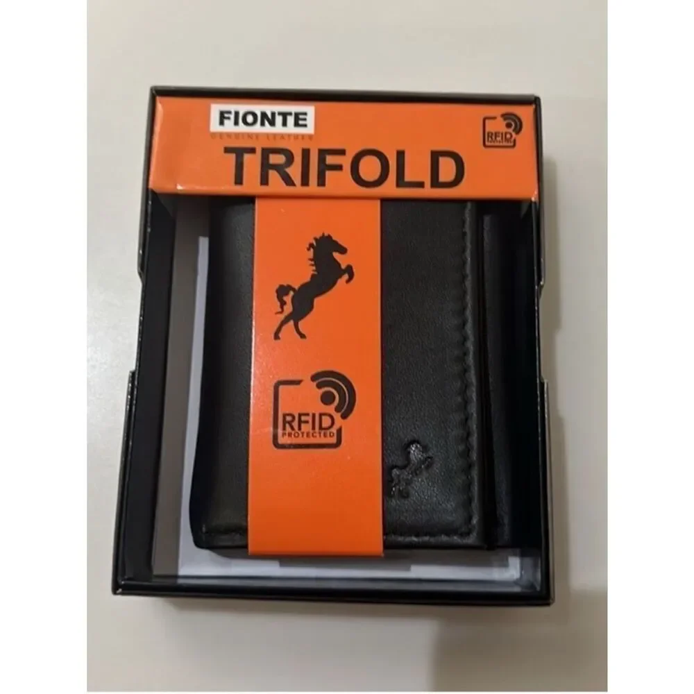 FIONTE RFID Protected Black Genuine Leather Trifold Men’s Wallet